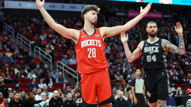 Dec 11, 2023; Houston, Texas, USA; Houston Rockets center Alperen Sengun (28) reacts after a play during the second quarter against the San Antonio Spurs at Toyota Center.